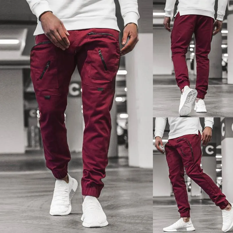 Homens casuais corredores calças sólidas finas de cargas de cargas masculinas Multi-bolso Calças Mens Sportswear Hip Hop Harem Lápis Pant