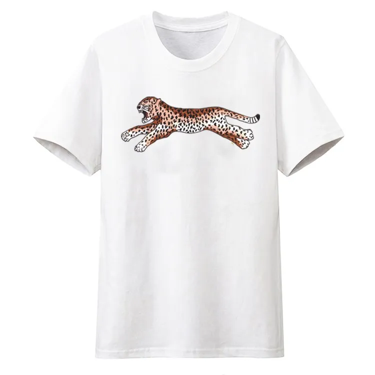 Italiensk herr-T-shirt leopardmönstrad logotyp luvtröja med svart krage Populär logotyp damer mångsidig rund halsad kortärmad ledig lös halvärm