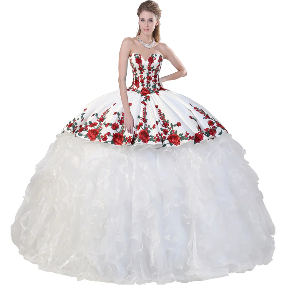 Stunning Bold Rose Charra Applique Avtagbar Quinceanera Klänning Mexikansk Avtagbar Ruffled Organza Skirt Sweet 15 Bollklänning