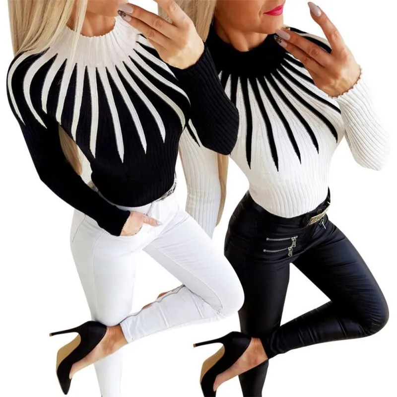 Women's Sweater Autumn Winter Fashion Color Matching Turtleneck Slim Long-Sleeved Slim Bottom Casual Black White Sweater W1