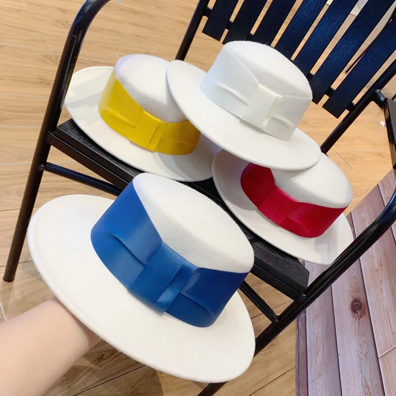 Klassischer Fedora-Hut mit breiter Krempe, 100 % Wolle, weiß, flacher Hut für Damen, Hochzeit, Party, Hüte, Herbst und Winter, warm