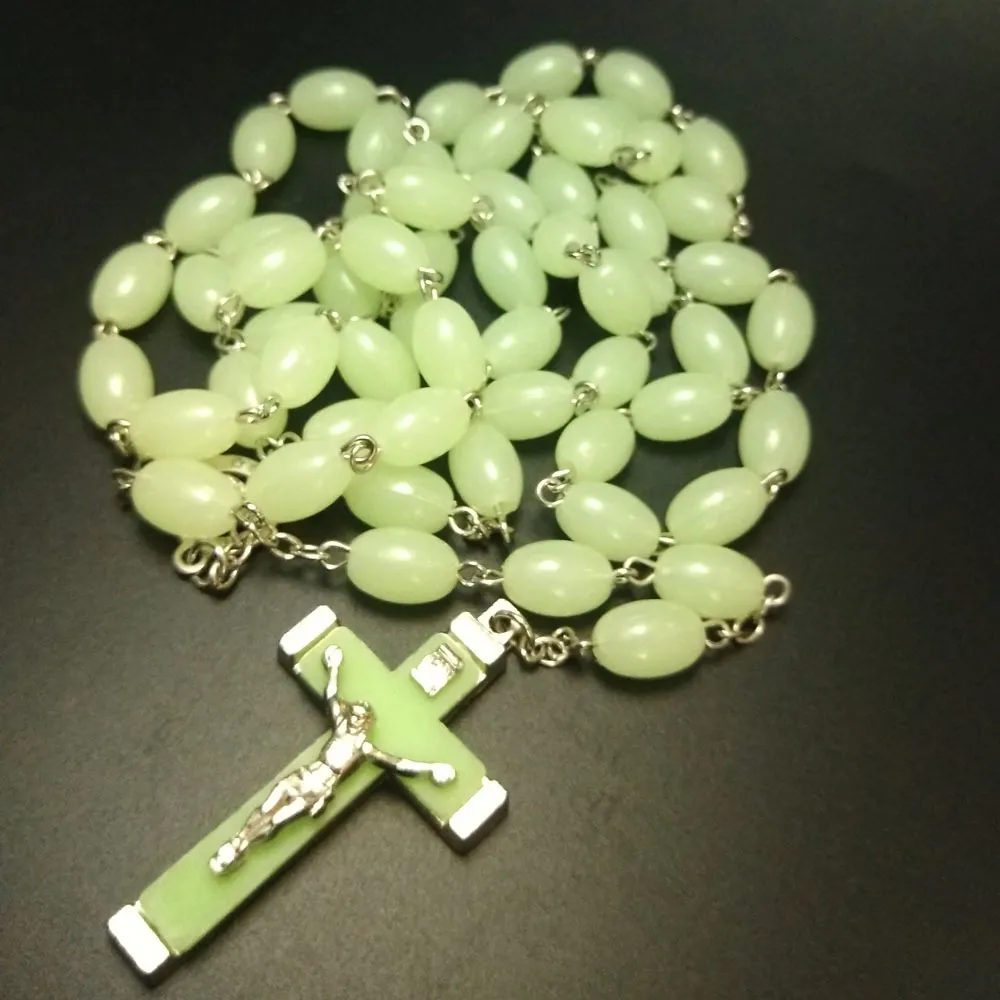 Luminous Rosary Cross pendants necklaces Beads vintage long style sweater chain Christian Catholic Jesus jewelry fashion 10pcs