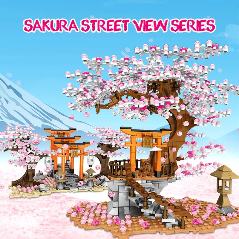 Sembo Street View Fikir Tapınak Tuğlaları Sakura Stale Bricks City Dostlar Kiraz Blossom Peyzaj Evi Ağacı Yapı Blon Oyuncakları LJ20281D