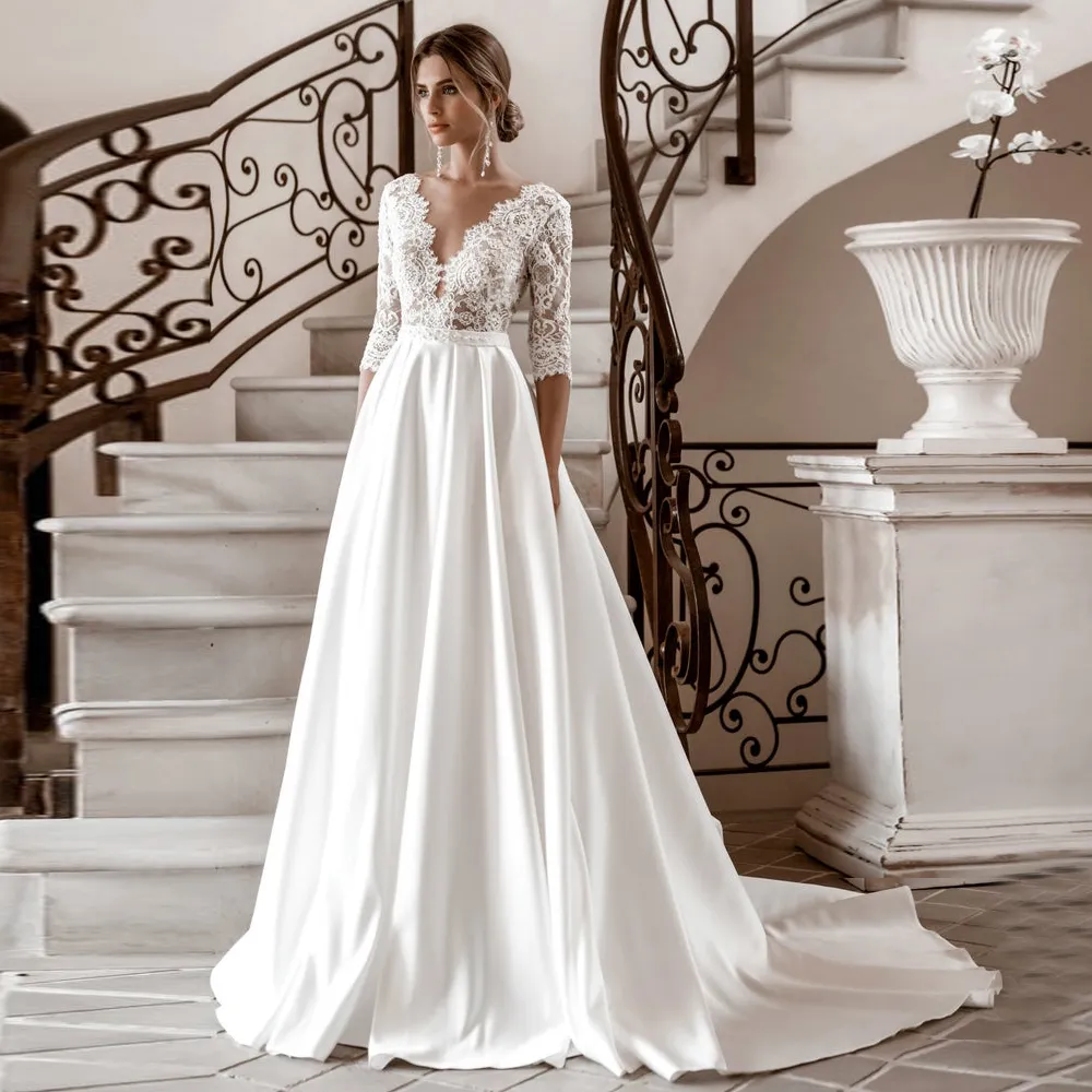 a line wedding dress with 3/4 sleeves Plus Size A-line Satin V-Neck, Poet Sleeves, Lace Fabric, Beaded Applique, Sweep Train, Built-in Bra, Zipper Back from Dhgate A-Line Wedding Dresses Cicinia Red Graduation Dresses dress_type_High Neckline line/Princess;Neckline Color:Steel-Blue
