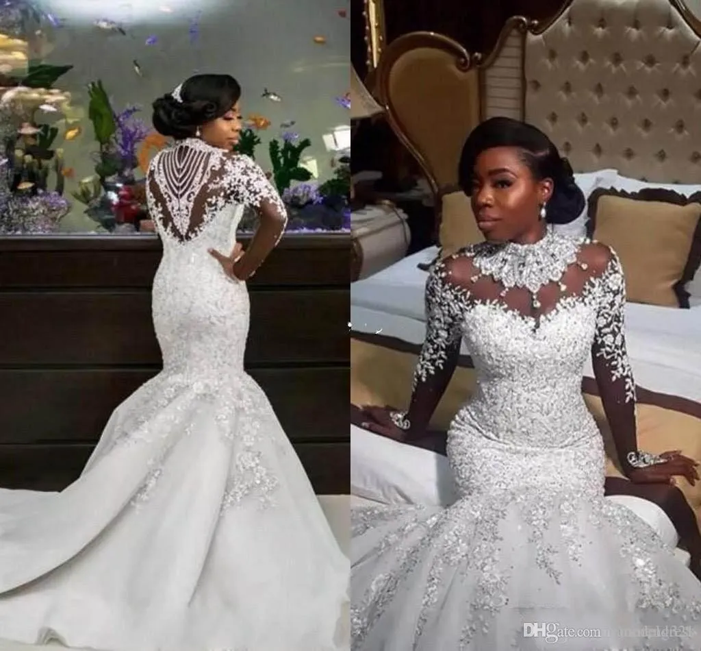 Abiti da sposa a sirena di lusso Maniche lunghe trasparenti Collo alto Perline di cristallo Cappella treno Abiti da sposa arabi africani Taglie forti personalizzati