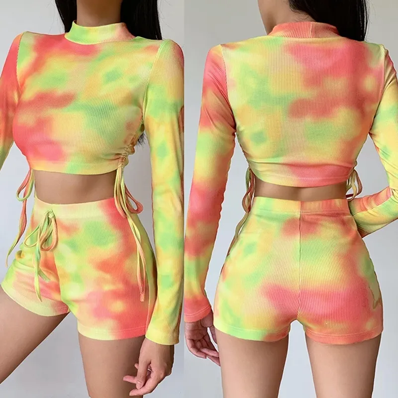 Women's Slim Long Sleeve T-Shirt Tie-Dye Pleated Top and Shorts Set Yellow Y0506