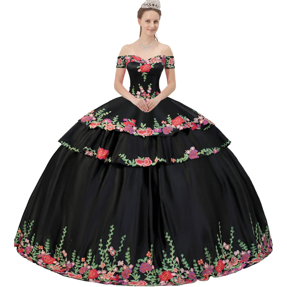 Abito stile Quinceanera con spalle scoperte e maniche corte basco staccabile in 2 pezzi, orlo a strati con applicazioni floreali colorate nere