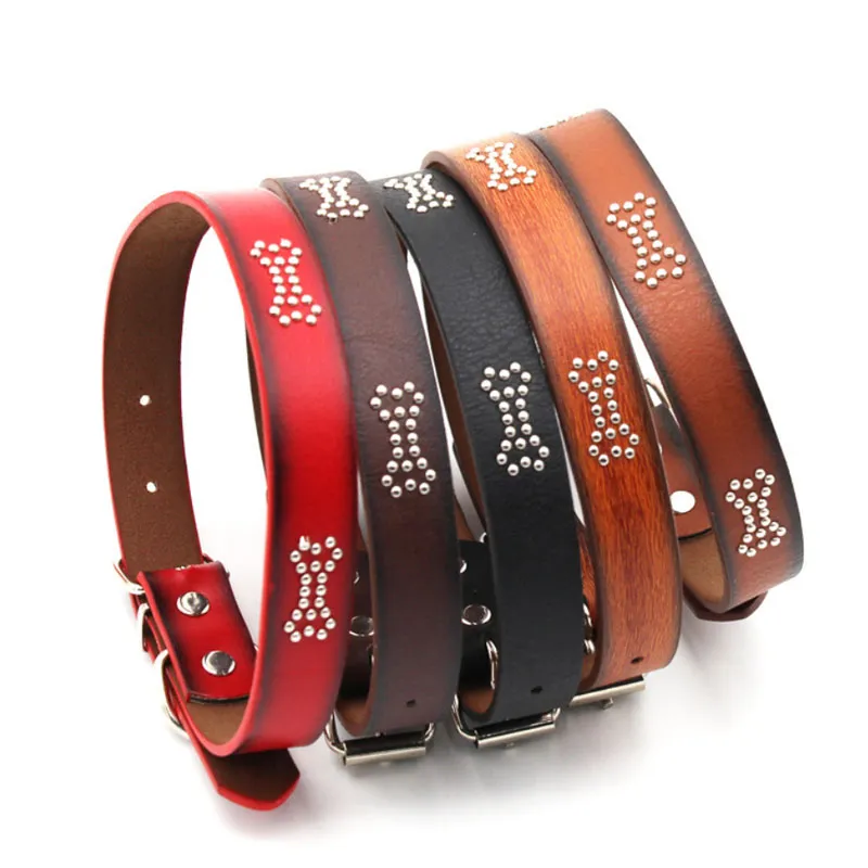 2cm Width PU Leather Beaded Bone Dog Collars Pet Cat Necklace Supplies For Small Medium Pets