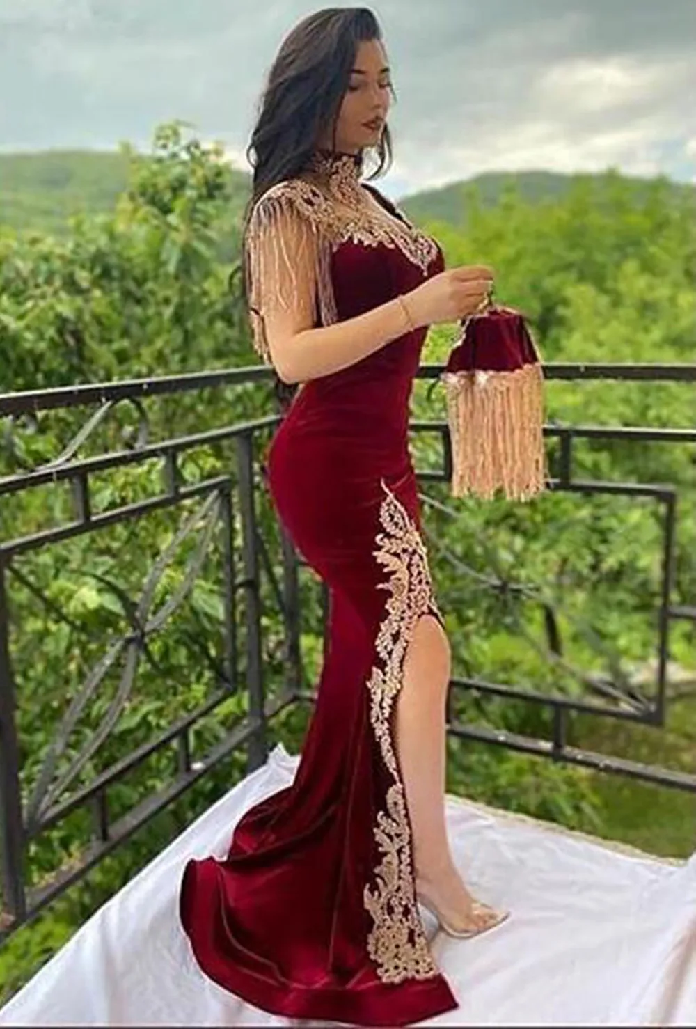 Custom Velvet Mermaid Evening Gown Exquisite Lace Appliques Overskirt Tassels