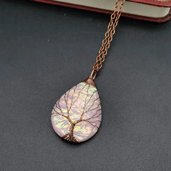 Tree of Life Teardrop Heart Necklace Wire Wrapped Gemstone Healing Chakra Halsband för kvinnor Fashion Jewelry Will and Sandy Gift