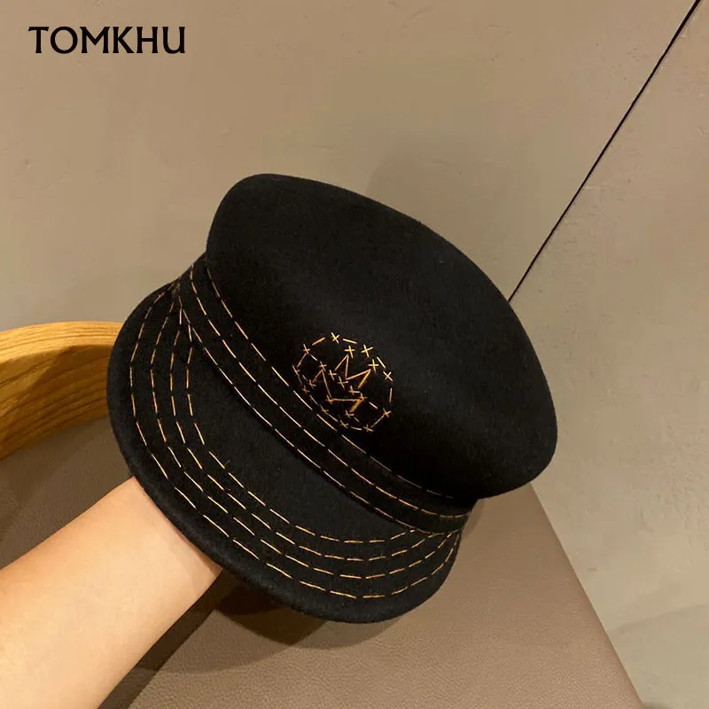 Autumn Winter Wool Octagonal Hats For Women Casual Warm Bålets Hard Top Letter Newsboy Hat Retro New Ladies Dress Fedora2709