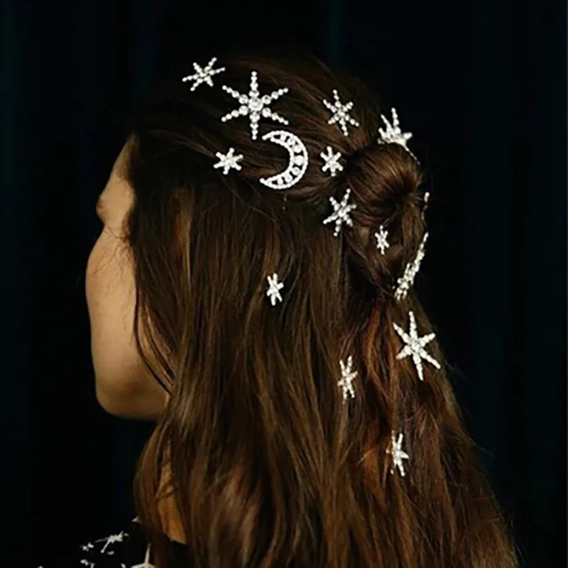 Grampos de cabelo barrettes 2021 luxo completo strass estrela lua forma acessórios nupciais fantasia cristal pinos jóias1218q