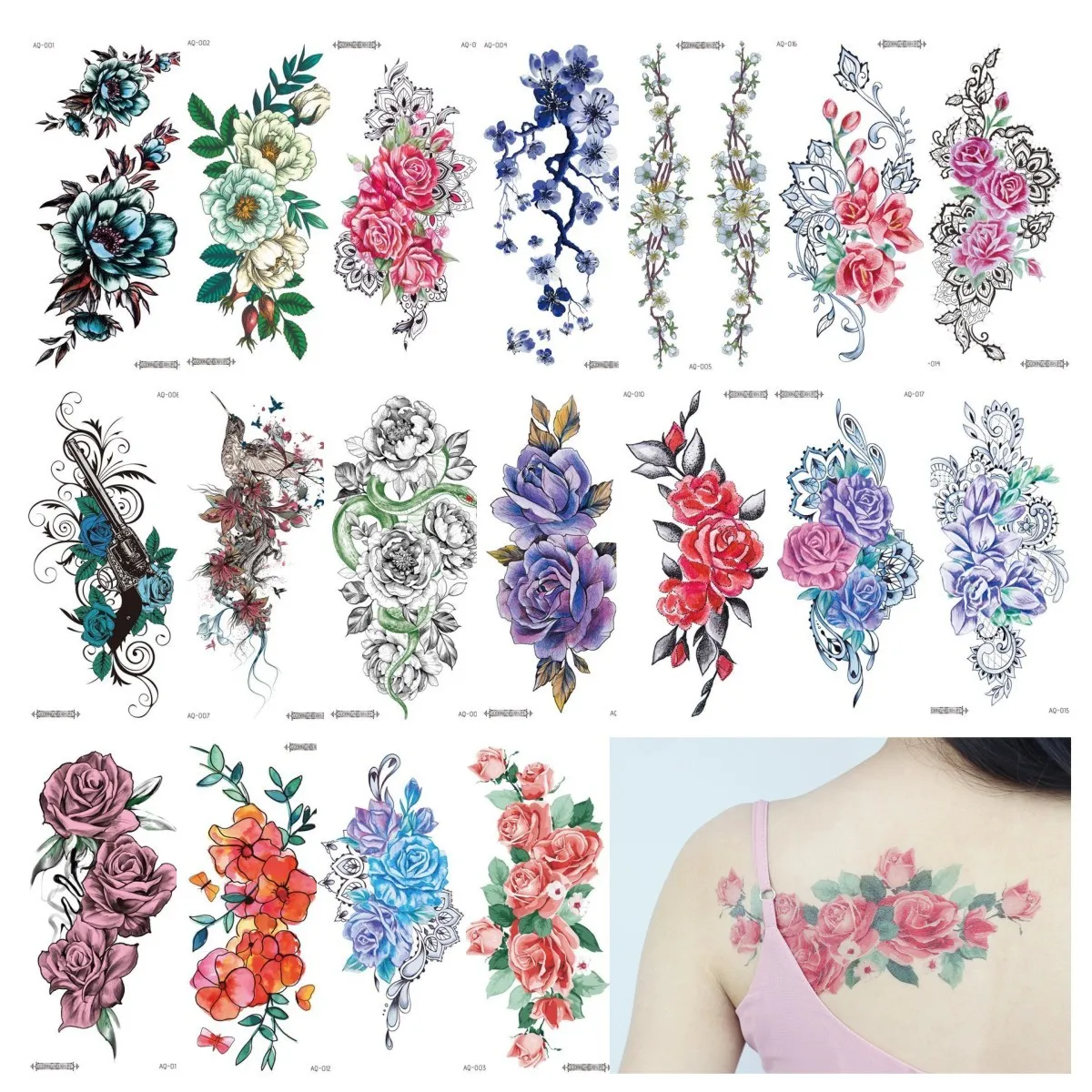 Watercolor Flowers Temporary Tattoos Stickers Colorful Roses Full Arm