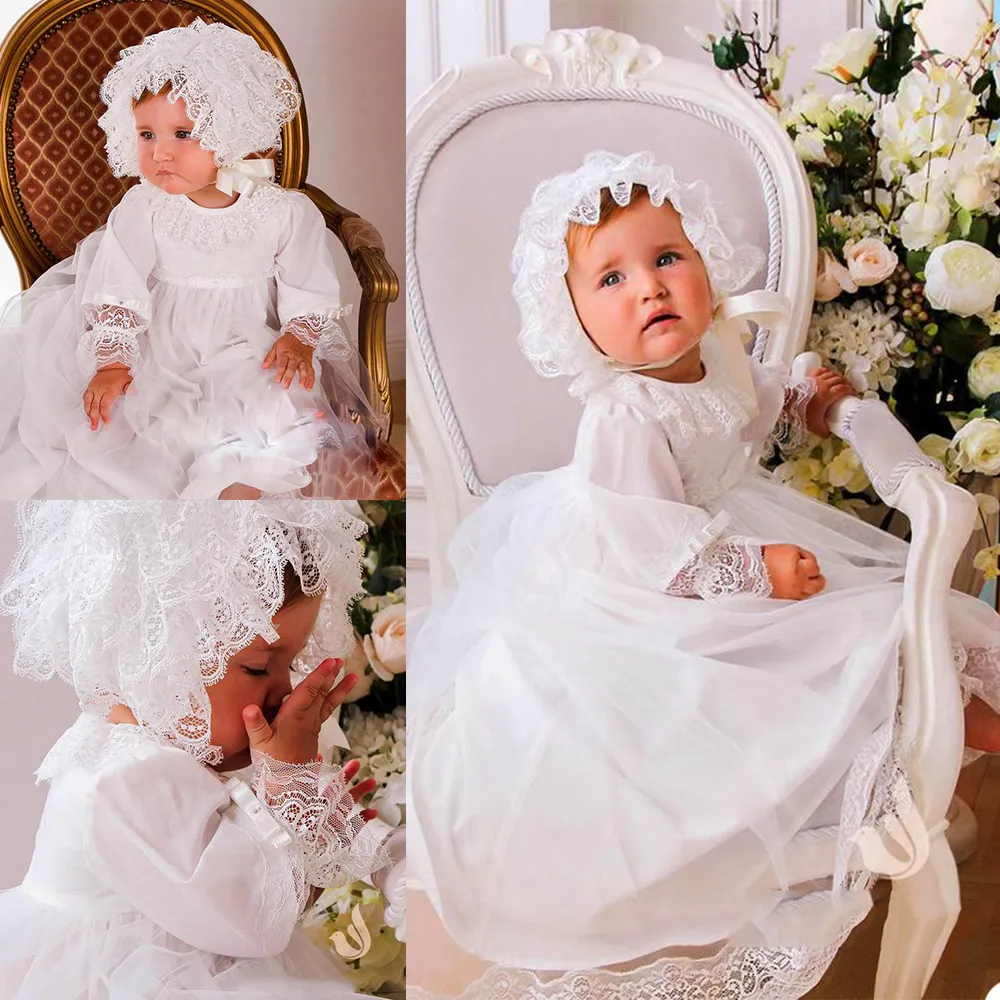 2021 Lace Chopening-kappor för söt babyflicka Långärmad applikationer Dopklänningar med Bonnet Första kommunikationsklänning