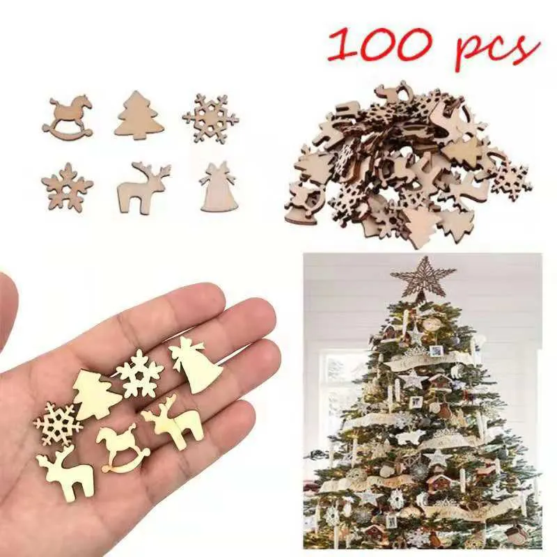 100 pièces décoration de noël 2mm en bois flocon de neige arbre de noël cerf cheval de troie en bois naturel bricolage arbre de noël ornements suspendus