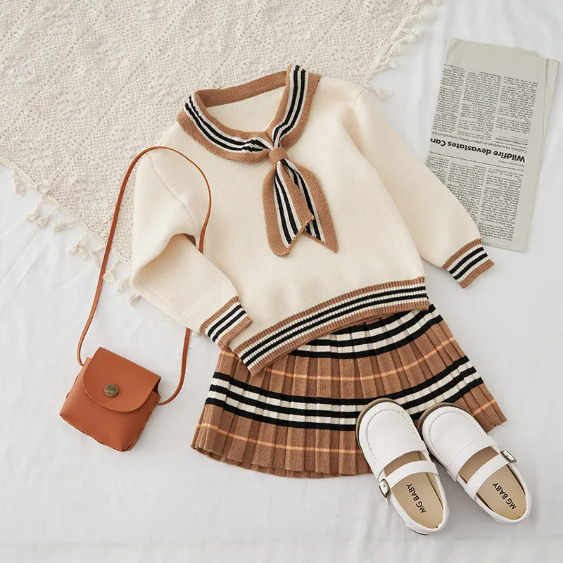 Kids Designer Outfits Girls Bowknot Sweater +Pleated Skirt 2pcs Suits 2020 New Fashion Children Princess Autumn Clothing Sets S620