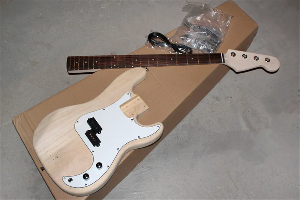Los kits de guitarra de graves semiacabados eléctricos de fábrica con 4 cuerdas, guitarra de bricolaje, hardware de cromo, pickguard blanco, se pueden cambiar