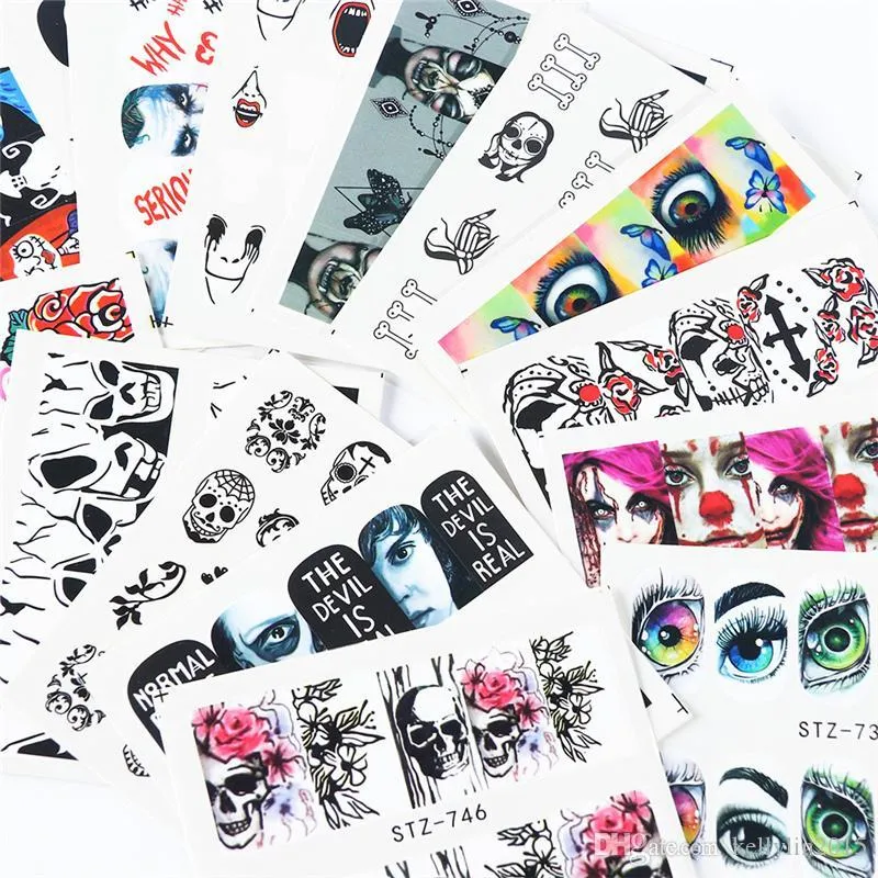 Halloween Nail Art Stickers Kit Skull Sexy Girl Water Transfer Decals Charms Nails Tattoo Design Decorations Foil Wraps Sticker Set