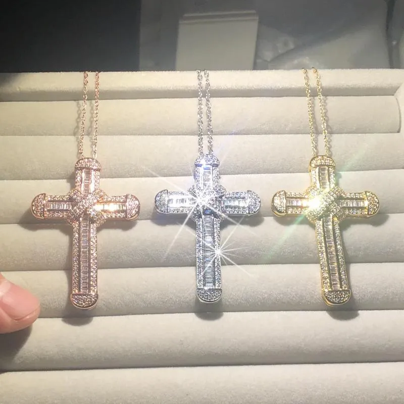 Correntes 925 prata requintado bíblia jesus cruz pingente colar mulheres homens crucifixo charme simulado diamante rosa ouro jóias207t