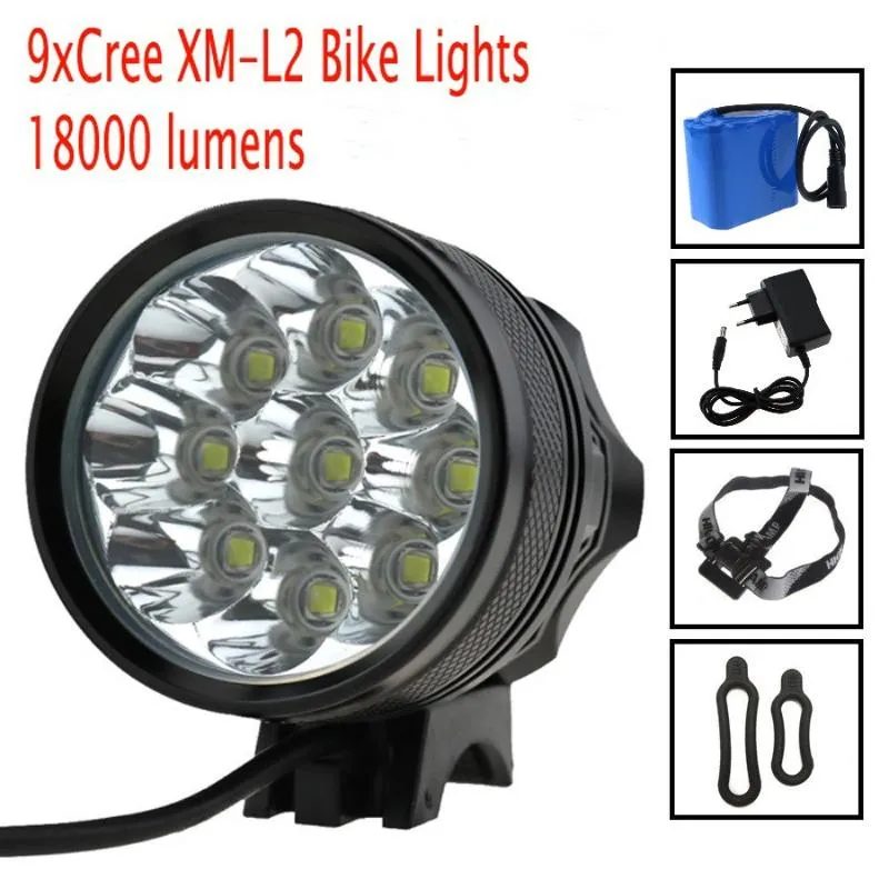 Headlamps 18000 Lumens Bike Headlamp 9x Cree XM L2 LED Bicycle Light Cycling Helmet Headlight +18650 Battery Pack +Charger