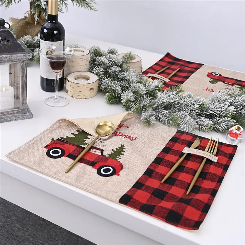 Christmas Tree Red Truck Placemats Table Mat Winter Buffalo Plaid Placemat Dining Home Xmas Table Decoration JK2009XB