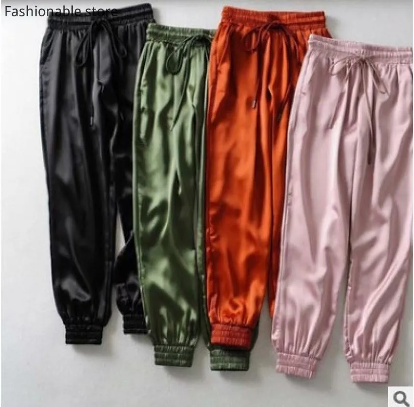 Pantalons en satin pour femmes Pantalons crayon à lacets à taille élastique de couleur unie décontractés