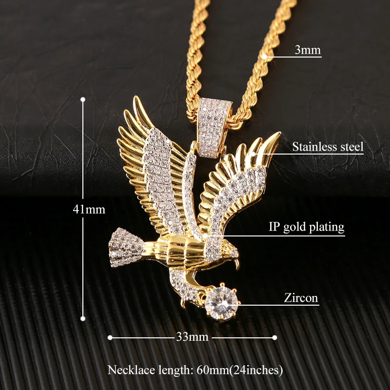 WENDYFO Hohe Qualität Adler Anhänger Halskette Männer Gold Farbe Charme Kette Halsketten Punk Zirkon Rapper Mode Hip Hop Schmuck Gift1323G