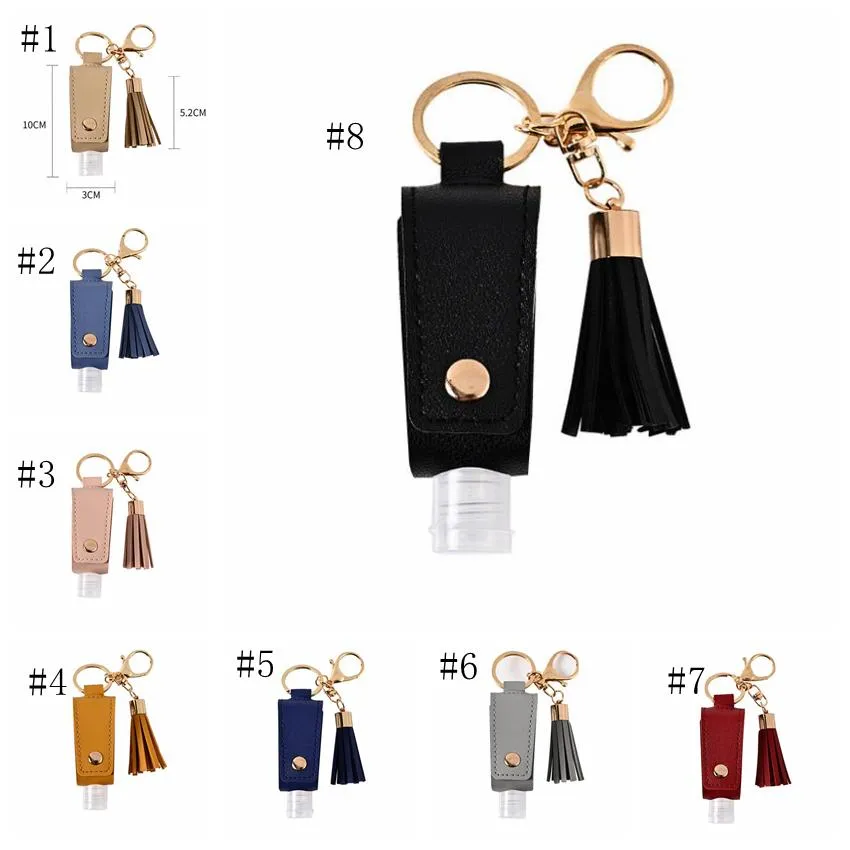 Läder Sanitizer Holder PU Läderfodral med 30 ml Hand Sanitizer Bottle Tassel Key Rings Girls Women Smycken 8 Designs 50pcs