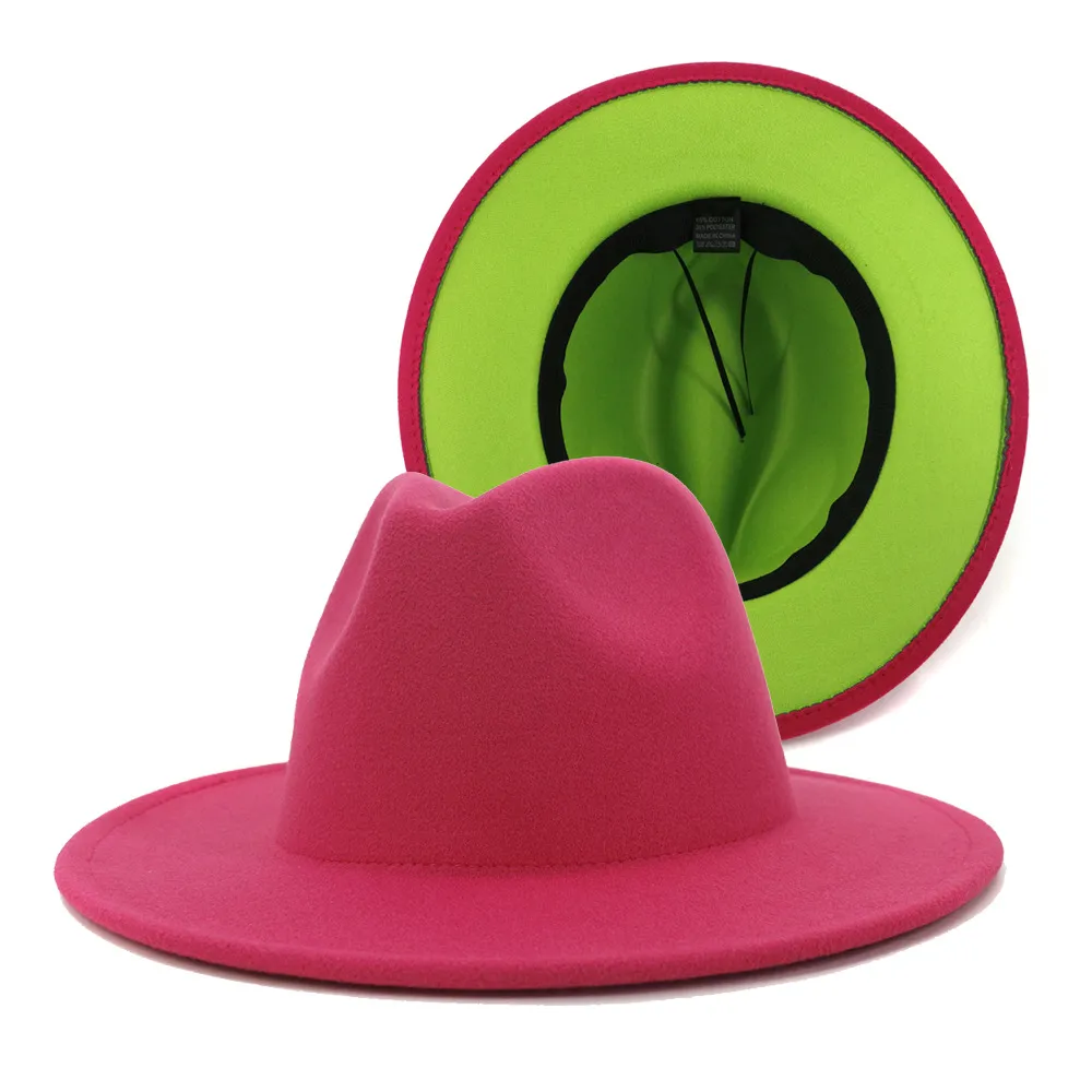 Hot Pink und Lime Green Patchwork Wollfilz Fedora Hüte Frauen große Krempe Panama Trilby Jazz Cap Derby Hut Sombrero Mujer