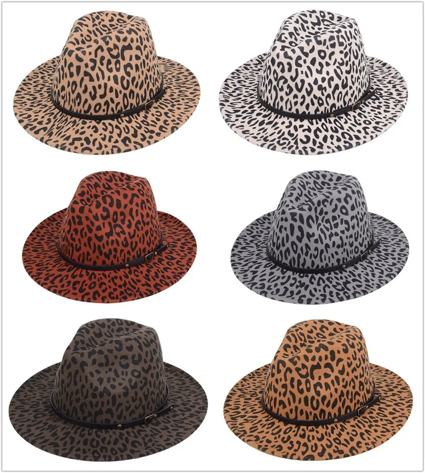 NEUE Leopard print Jazz hut Mode filz zylinder männer frauen flache krempe breite krempe hut paar hüte Panama Caps 6 farben