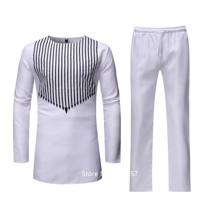 男性のための新しいアフリカの服のダシキドレス男性デザインストライプ印刷された簡潔な白い長袖ファッションカミザシャツパンツset252i