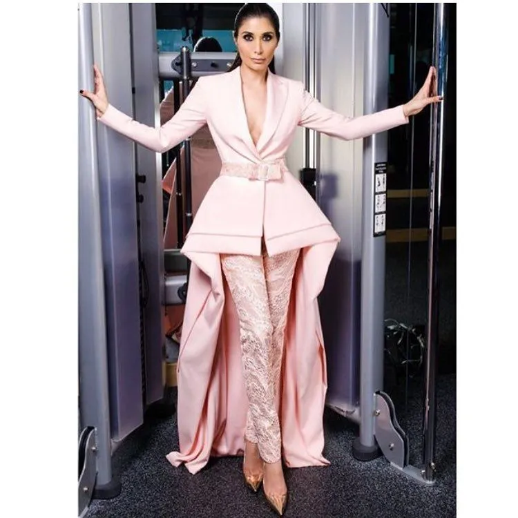 Elegant Arabic Women Pink Formal Jumpsuits Dresses Evening Wear Lace Pants  Suits With Sash Long Sleeves Prom Jumpsuit Party Gowns Sweep Train Vestidos  From 125,77 €