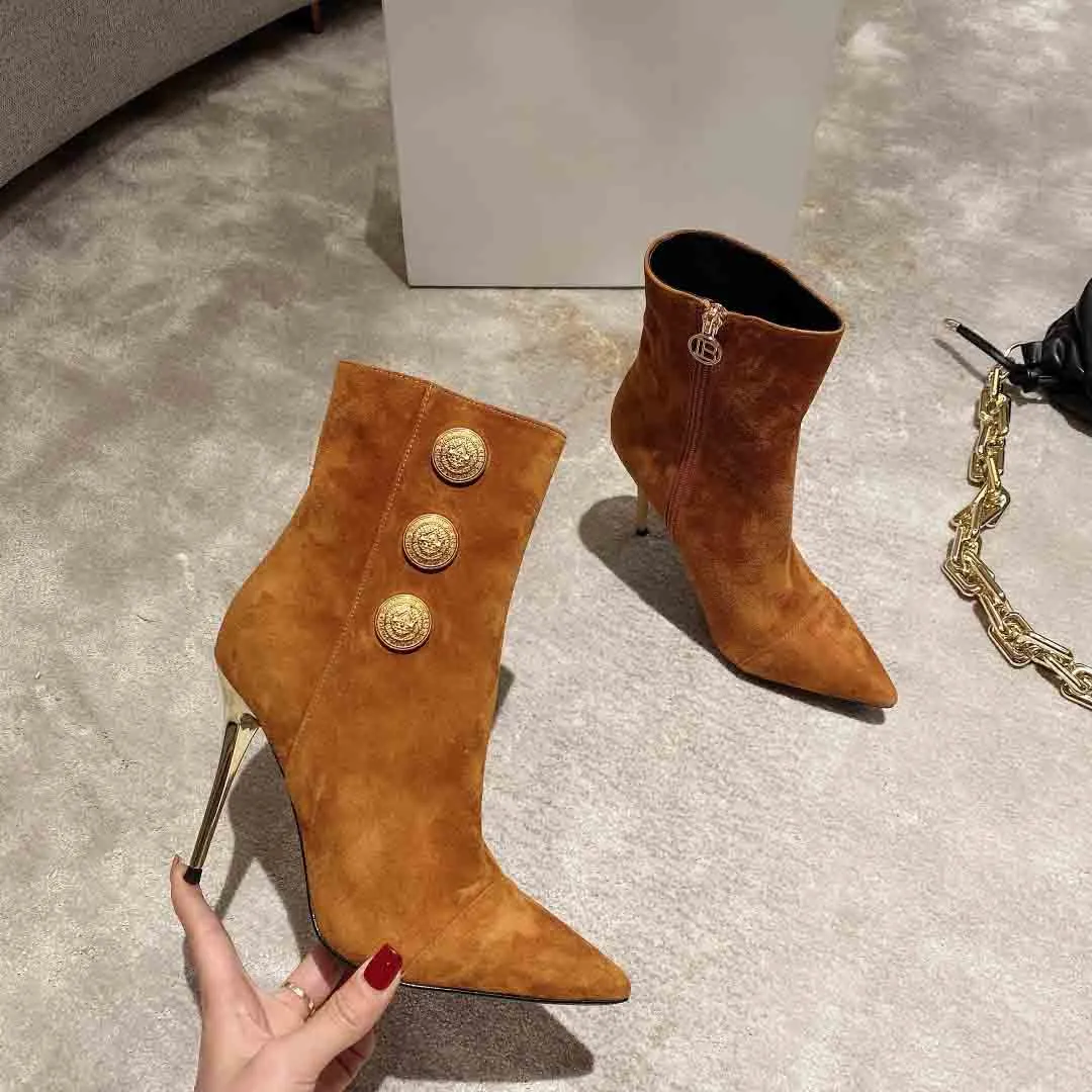 2021 Designer spetsade högklackade stövlar, vinter lyxiga mocka stövlar, god kvalitet designer stiletto heel ankel boot, vinter lyx läder boot