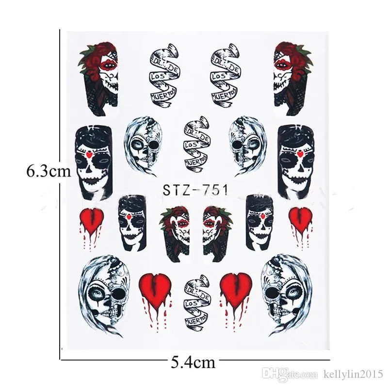 Halloween Nail Art Stickers Kit Skull Sexy Girl Water Transfer Decals Charms Nails Tattoo Design Decorations Foil Wraps Sticker Set