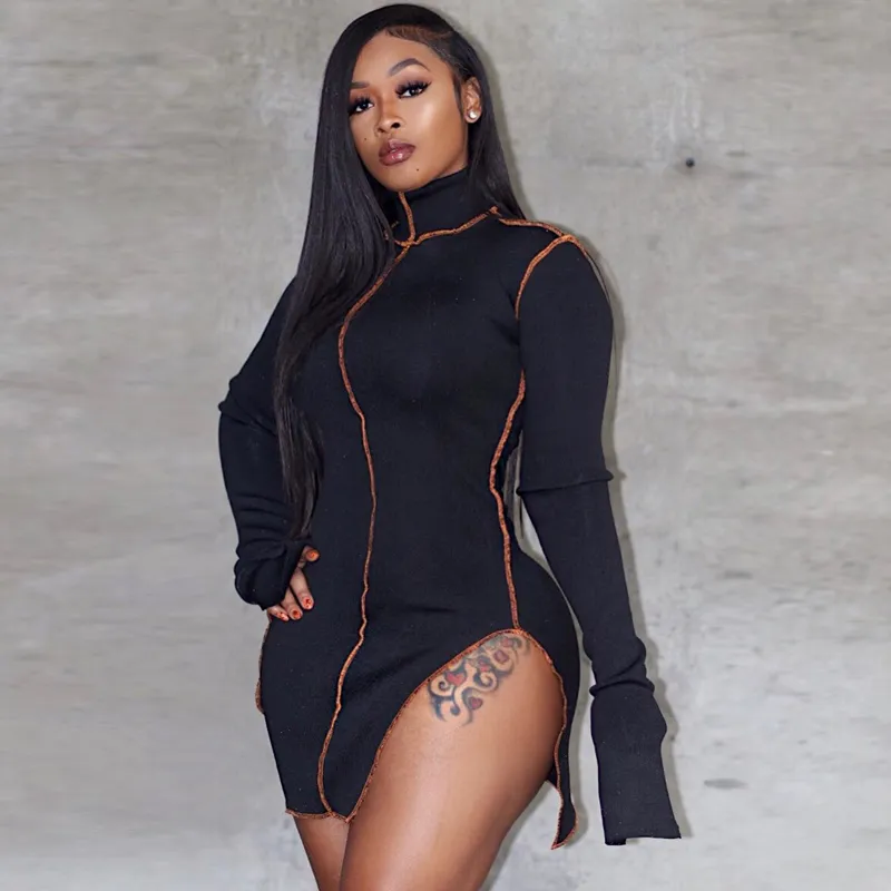 Side Slit Patchwork Women Casual Dresses Long Sleeve Athleisure Fashion Bodycon Mini Dress Slim Sporty Clothing