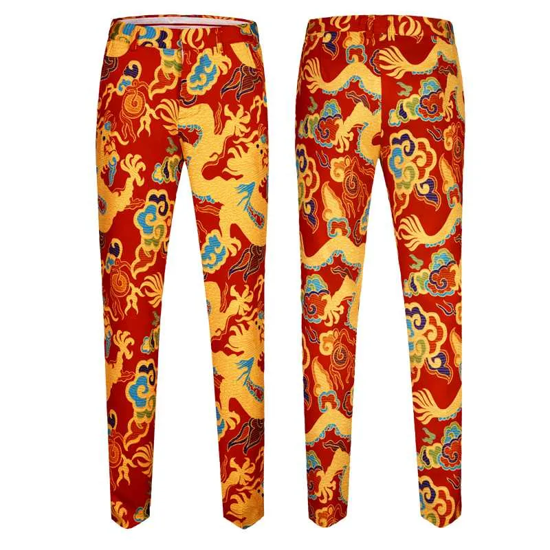 Chinese Style Red Dragon Print Suit Mens Stage Singer Wear Slim Fit ...