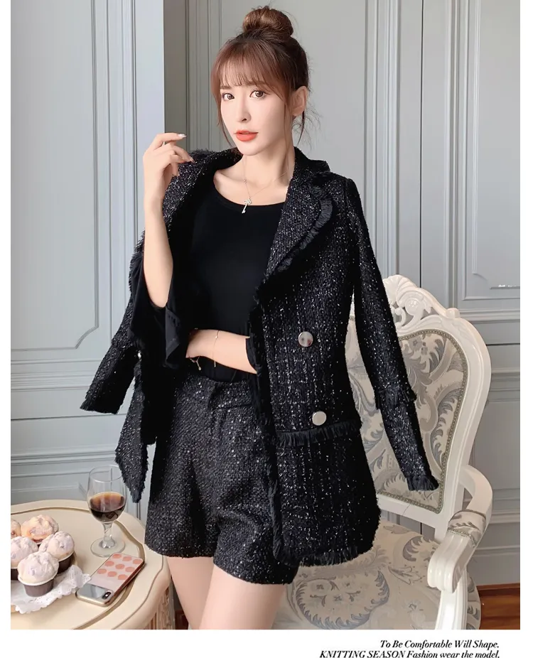 Autumn New Women's tänd krage svart färg tweed ull mode kappa och shorts 2 stycken tvillingsset smlxl