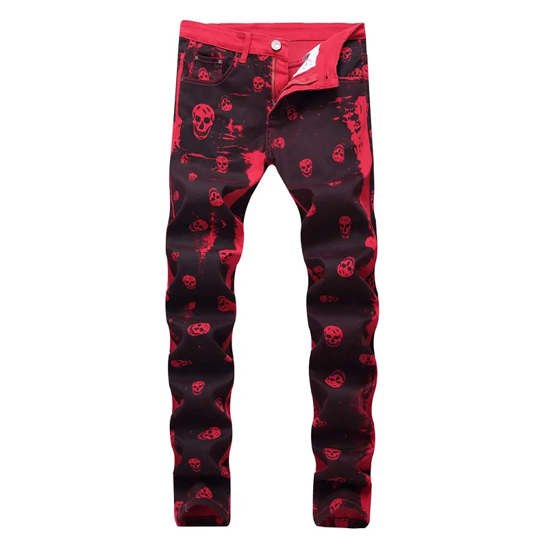 2021 Mens Skeleton Skull Printed Red Denim Jeans Slim Fit