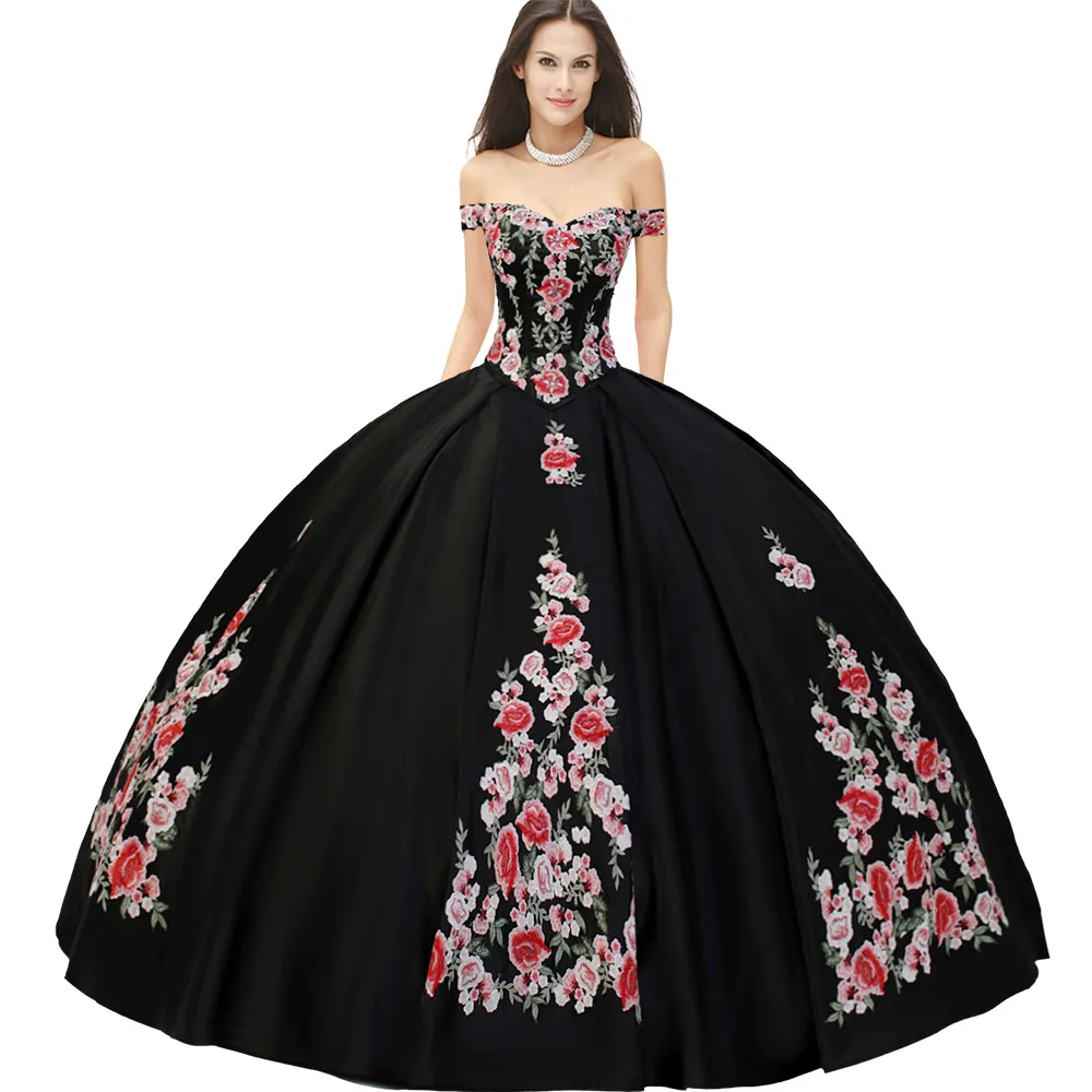 Precioso vestido de quinceañera Charro negro desmontable con hombros descubiertos, 2 piezas, apliques florales rosas, cristales, cintura vasca, vestido de baile dulce 16
