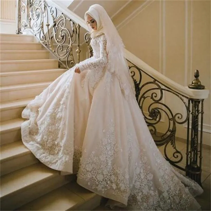 Vintage Dentelle Musulman Robes De Mariée Manches Longues Plus La Taille Robes De Mariée avec Hijab Vestidos de novia Robe De Mariée De Luxe