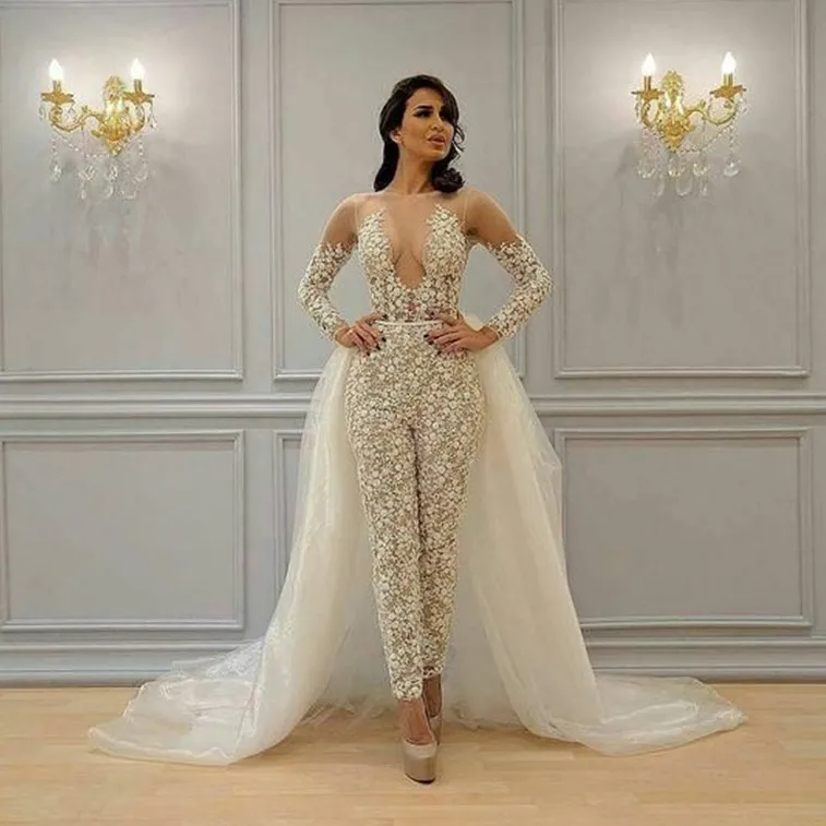 Combinaisons en dentelle de mode robes de bal avec train détachable pure col en V profond manches longues robes de soirée grande taille gaine robe formelle