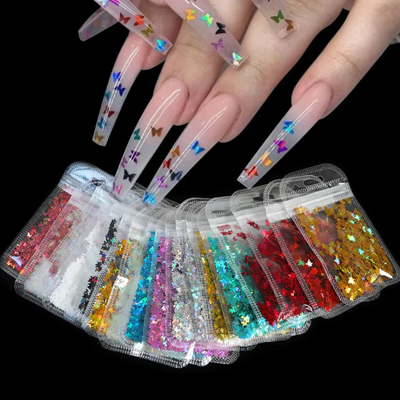 Nail Art Glitter Sequins Kelebek Akçaağaç Yaprak Lazer Yıldız Flakes 3D Gümüş Altın Sequins Lehçe Manikür Süslemeleri Nail Art Sequins