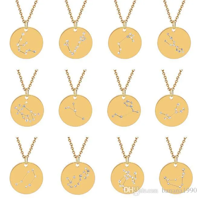 Rvs Crystal Coin Zodiac Teken Ketting Hanger Kettingen Sieraden Diamond Studded Breng je Luck Nickle Gratis