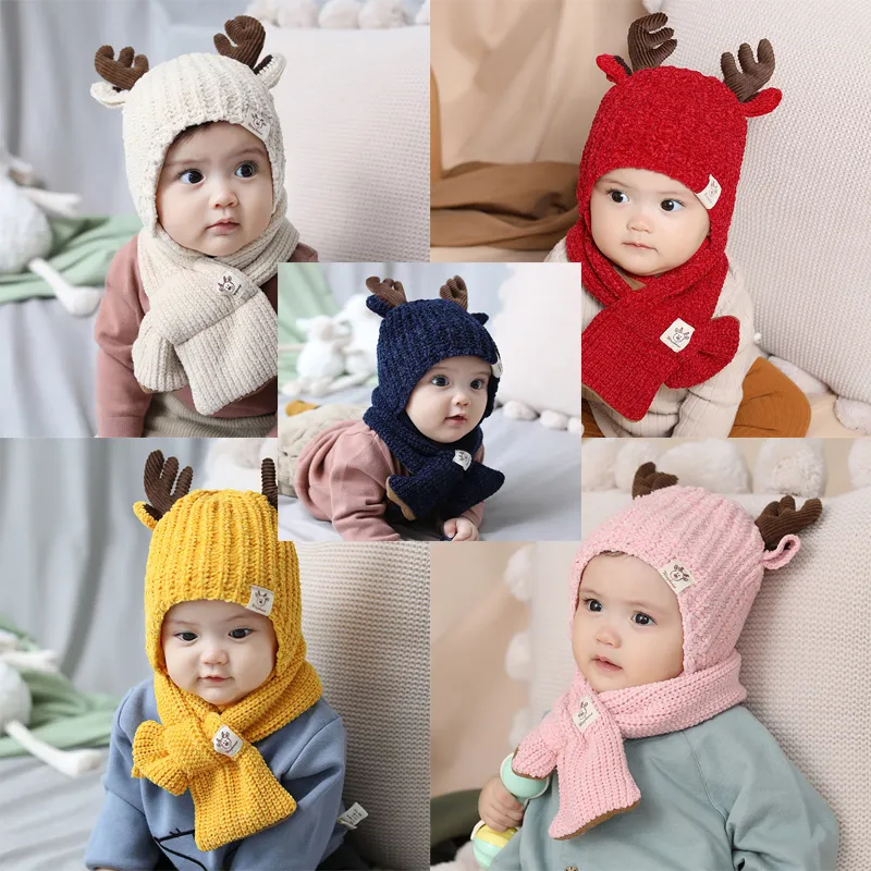 Noël bébé tricoté bonnet enfant Milu cerf corne chapeau ajouter laine écharpe 2 pièces enfants en plein air couleur bonbon hiver chaud écharpe chapeau