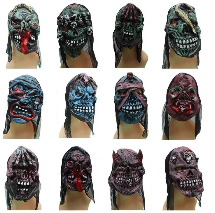 Halloween adulto zombie demone smorfie horror con maschera per capelli fantasma maschera integrale copricapo horror copricapo in lattice maschere teschio diavolo