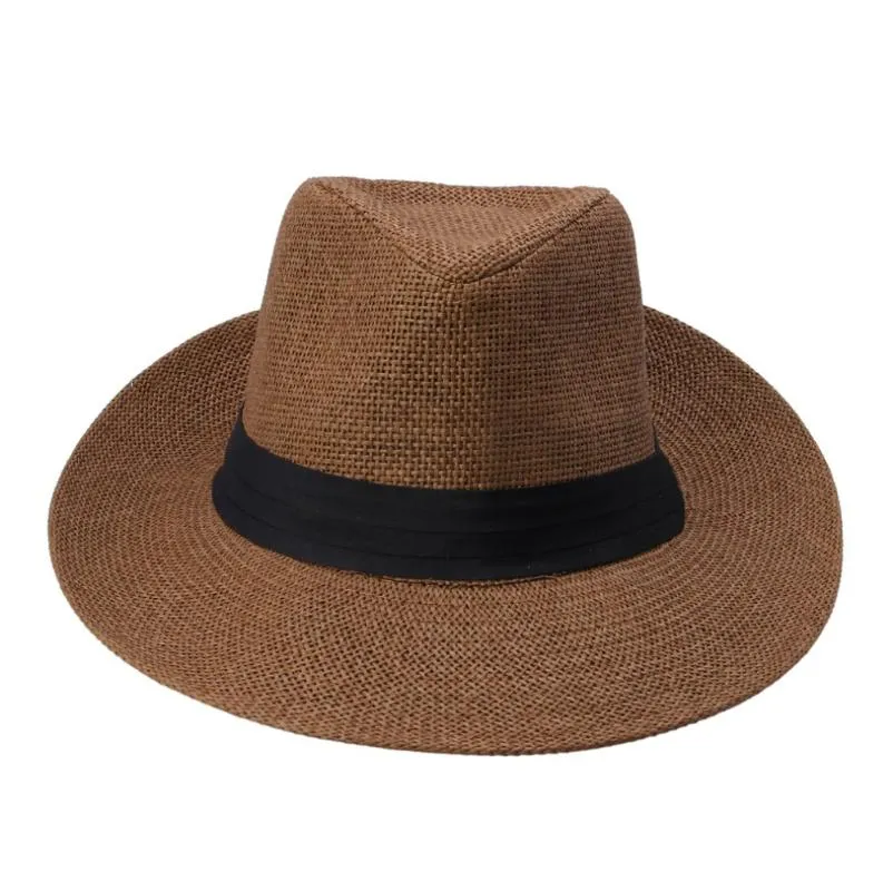 Mode été décontracté unisexe plage Trilby grand bord Jazz chapeau de soleil Panama chapeau papier paille femmes hommes casquette avec ruban noir 12321