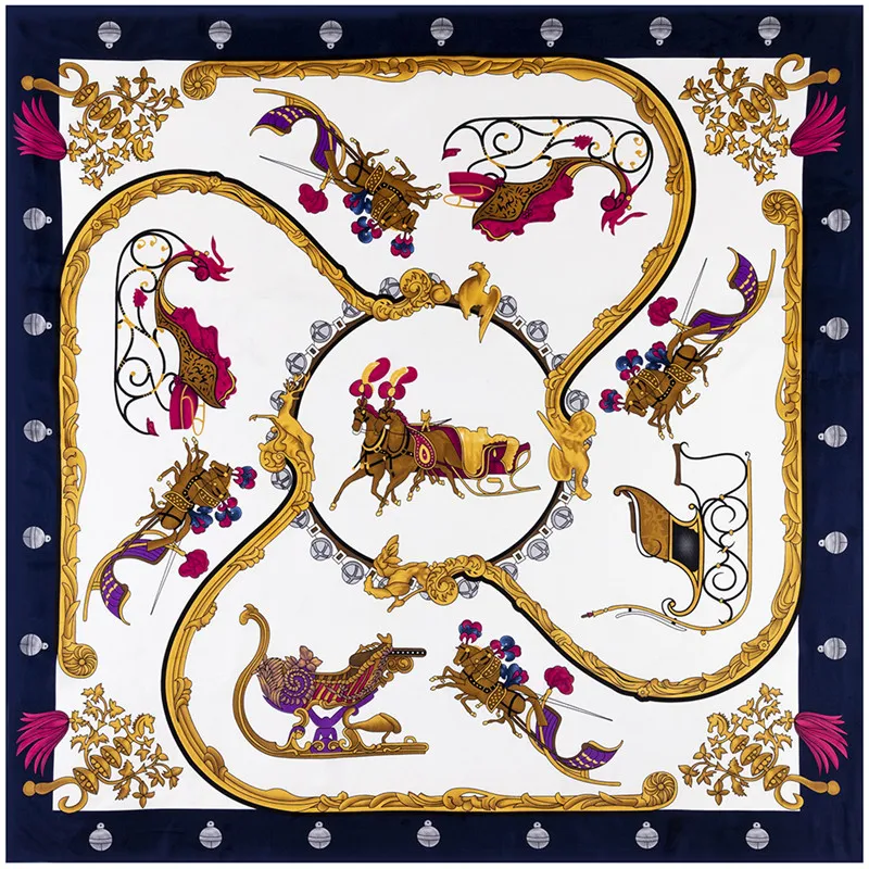 New sarja Silk Scarf Mulheres Horse Carriage Impressão Praça de lenços de moda Enrole Feminino Foulard Grande Hijab Xaile Lenço 130 * 130cm