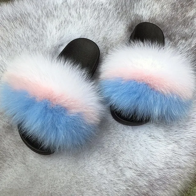 Lovely cute 38 colors fashion designer sweet pink blue casual home real fox fur eva flat flip flop sandles slippers for women men girls