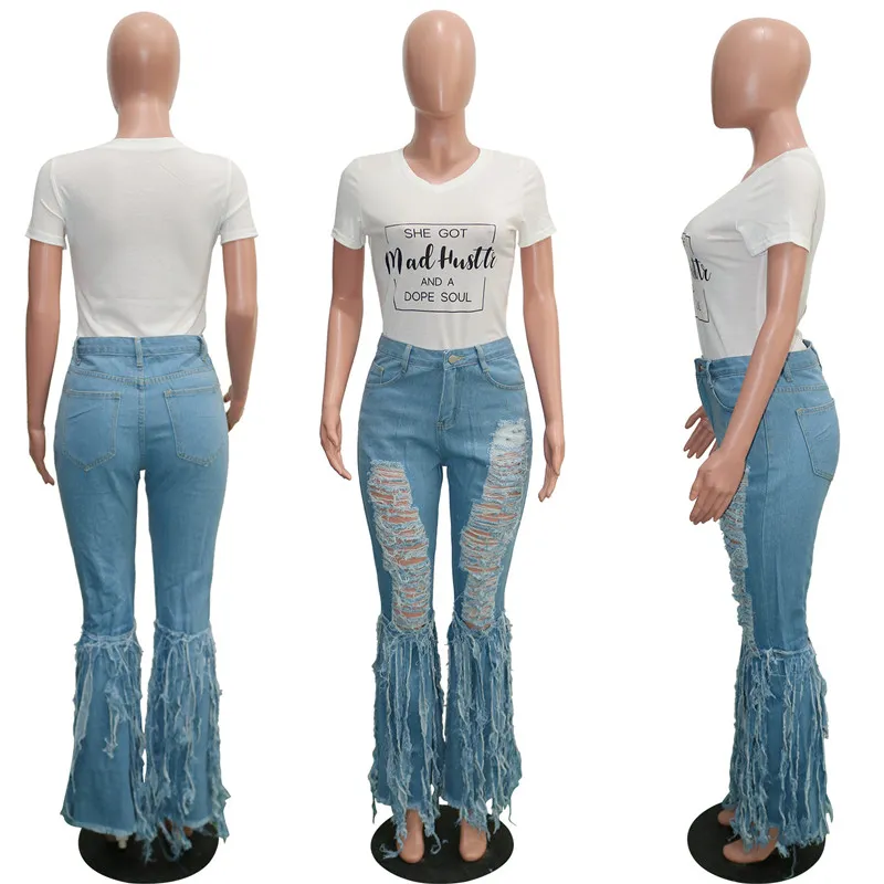 Plus la taille 2XL femmes jeans à fond cloche lavé trous déchirés jeans bleu mode pantalon évasé glands robustes denim boot cut pantalon 3740