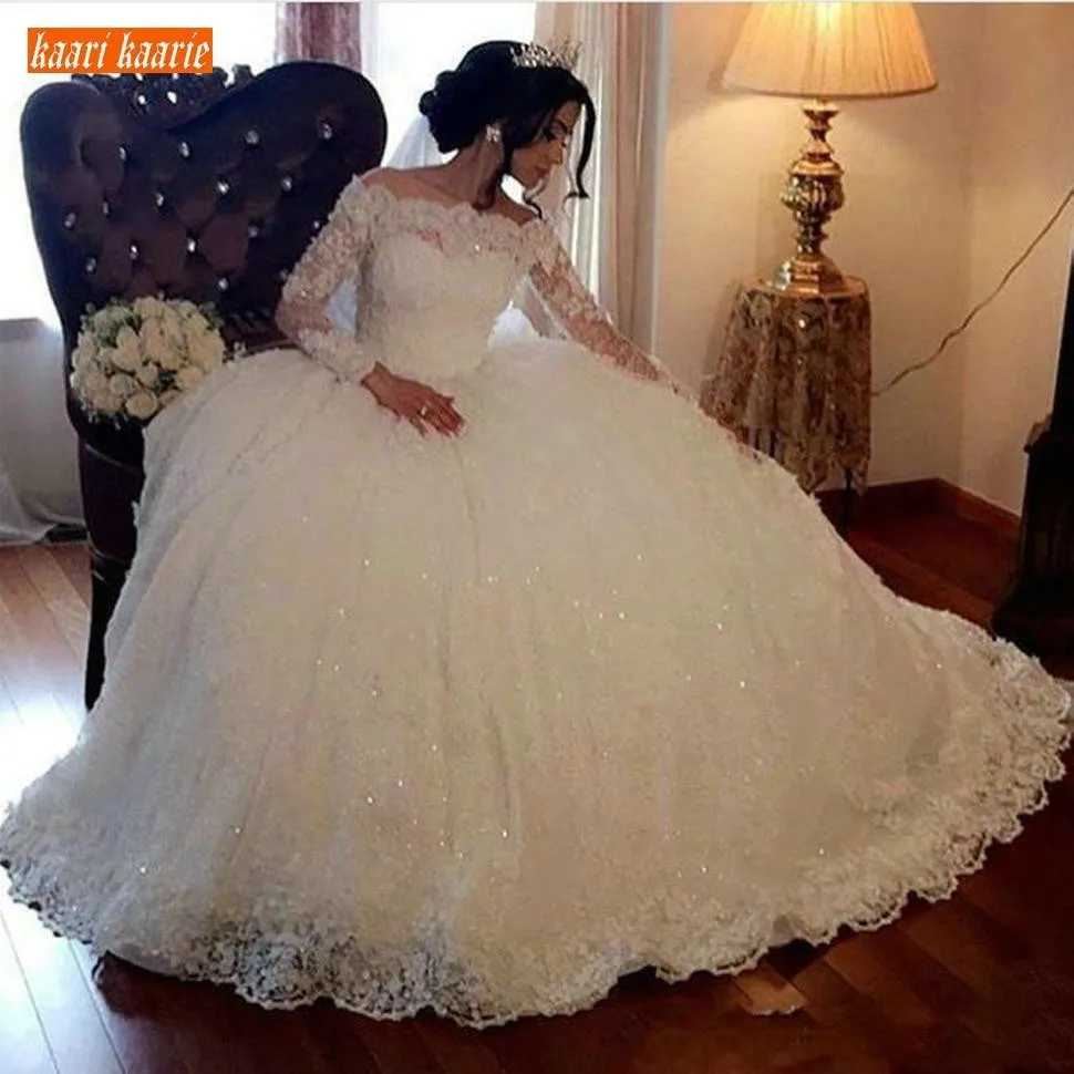 Prächtiges weißes Ballkleid-Hochzeitskleid mit langen Ärmeln, Spitzenapplikationen, formelle Elfenbein-Brautkleider, Prinzessin-Hochzeitskleider im Angebot